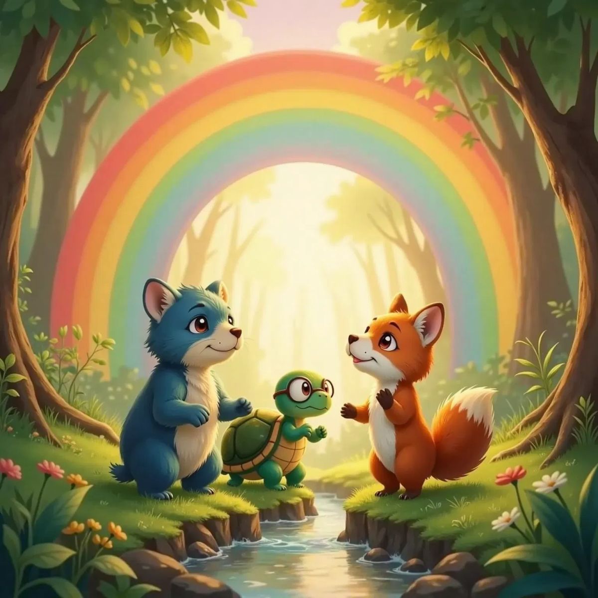 Felix, a little fox with big kind eyes and fluffy fur, and Big OLD Green Turtle, a wise turtle with glasses, all looking up at a bright rainbow stretching across a pink and orange sky above the forest. Warm light filtered through the branches