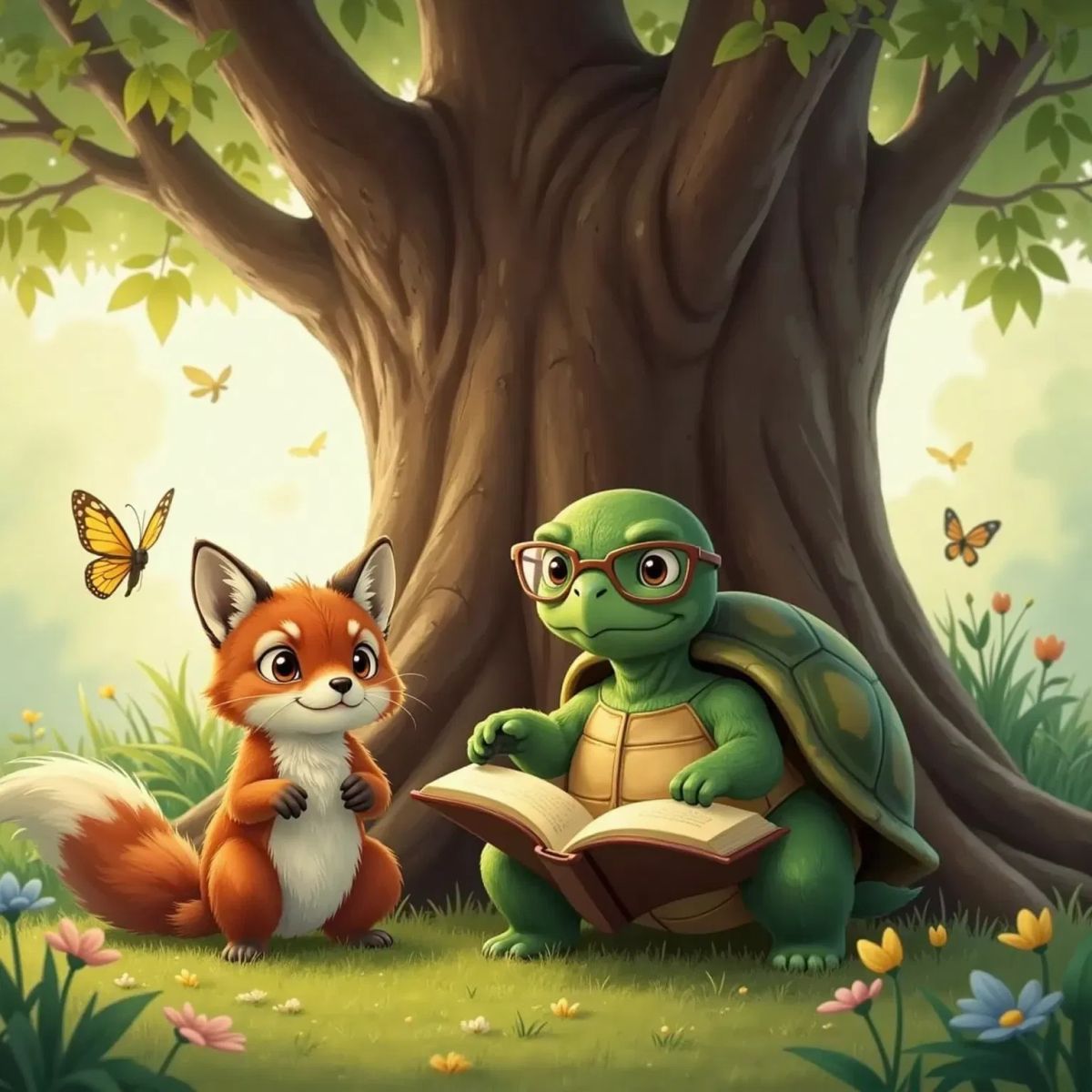 Green Turtle, a wise turtle with glasses and a kind smile, sitting under an ancient tree. Felix, a little fox with big kind eyes and fluffy fur, sits beside her, listening intently. Sunlight filters through the leaves above.Thea adjusted her glasses and began her story