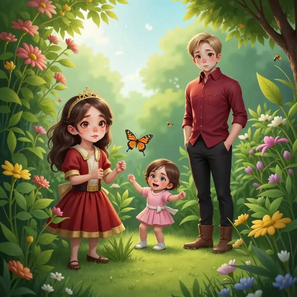 Briar Underwood with a worried face, searching among tall, wild bushes in a garden. Brianna, a small baby girl, is hidden deeper in the greenery, reaching for a butterfly. Oakley Woods stands in the background, looking concerned.