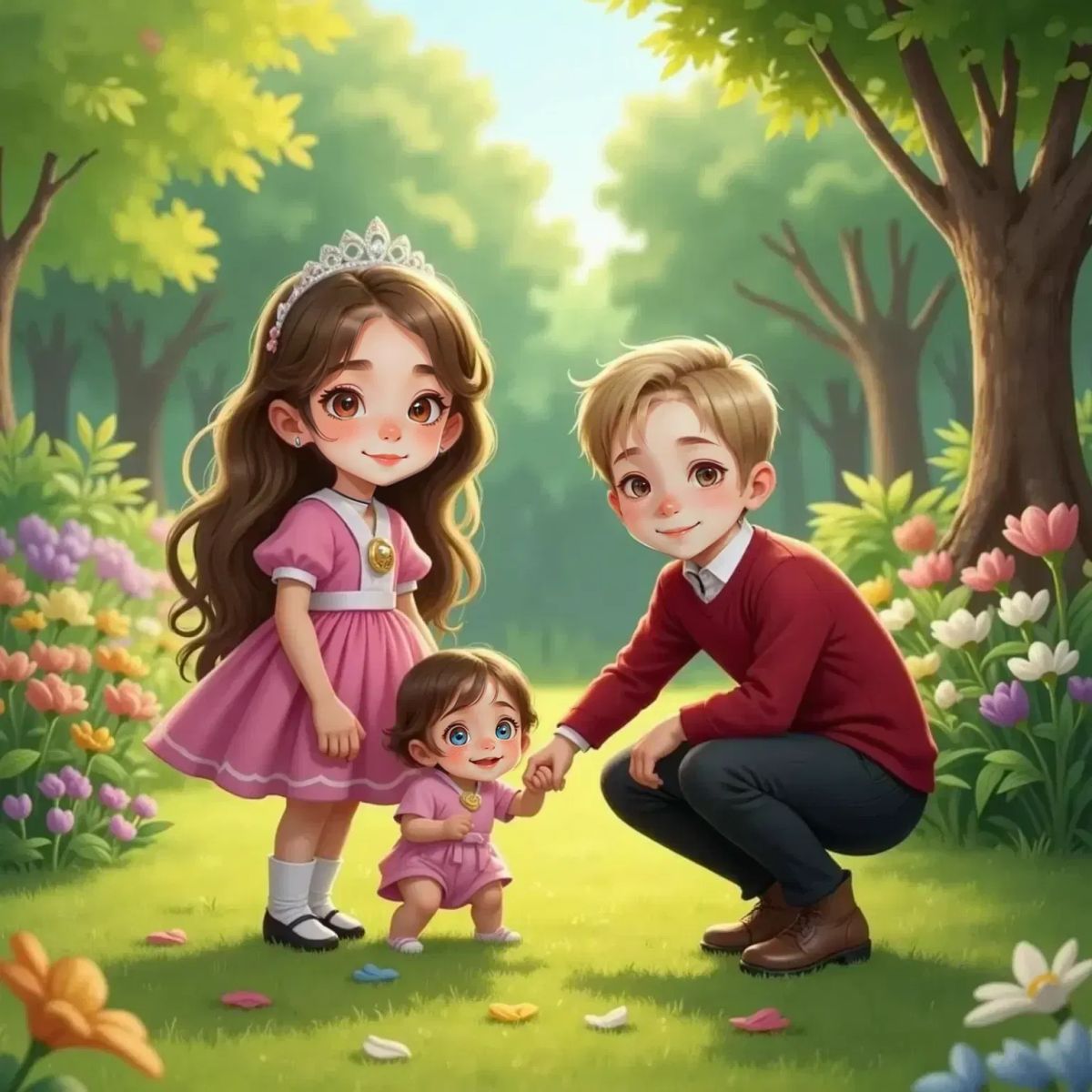 Briar Underwood with a proud and loving expression, watching over Brianna, a tiny baby girl with bright eyes, crawling after a colorful trail of flower petals in a sunlit garden. Oakley Woods, smiling, kneels nearby holding Brianna’s little hand.