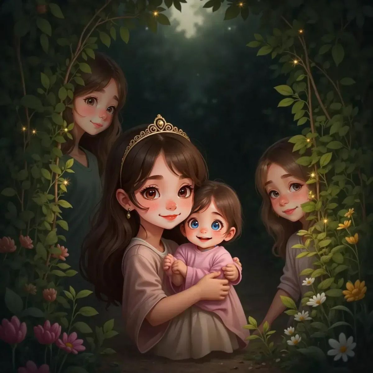 Briar Underwood hugs baby Brianna tightly in the shadowy bushes, while Lily and Lilah Gillis watch from the darkness nearby.