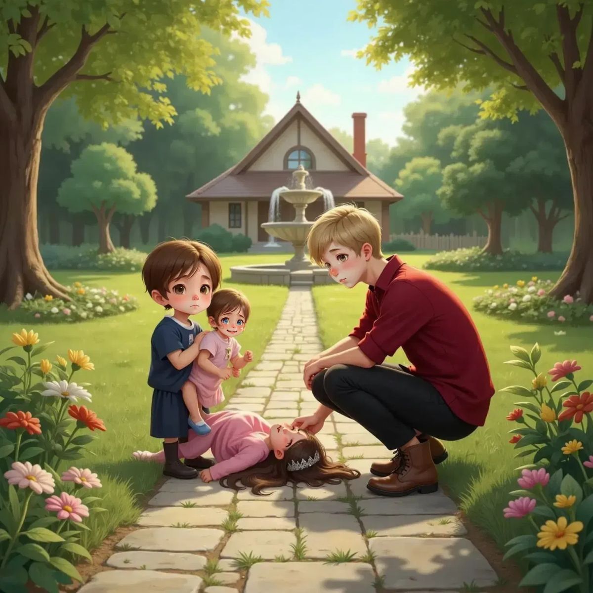 Oakley Woods kneeling beside an unconscious Briar Underwood, gently shaking her shoulder. Peter Kit, worried, holds a crying Brianna in his arms. The garden path leads toward a distant house.