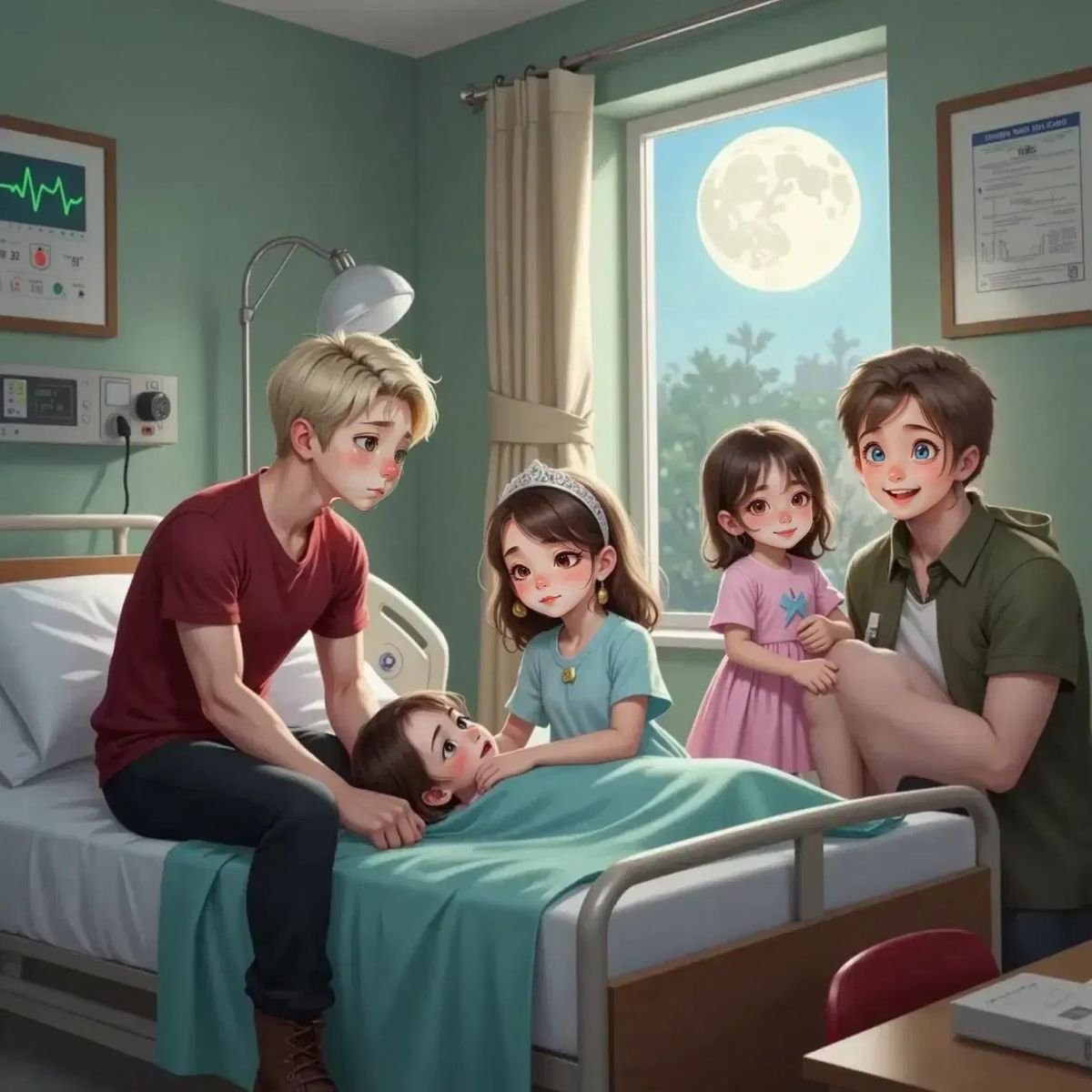 Oakley Woods, teary-eyed, sits beside Briar Underwood’s hospital bed, holding her hand tightly. Eva Royall comforts Brianna in her arms, while Charles Royall sits close. Moonlight streams through the window, casting a peaceful glow.