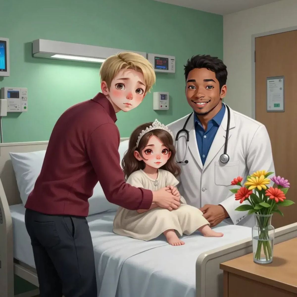 Oakley Woods holds Briar Underwood's hand as she lies unconscious in a hospital bed, with Dr. Smith checking on her.