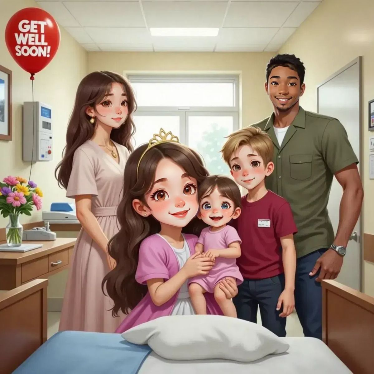 Briar Underwood, smiling and joyful, embraces Brianna as Eva Royall and Charles Royall rush in, relieved. Oakley Woods is standing with her, and Dr. Smith stands in the background with a proud smile.