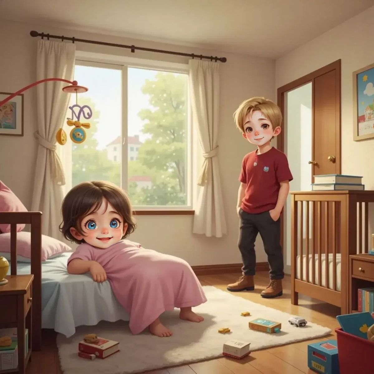 Morning sunlight fills Briar Underwood’s bedroom as Brianna cuddles up to her, both smiling softly. Oakley Woods peeks in through the door, cheerful. The scene is warm and full of hope for a new day.