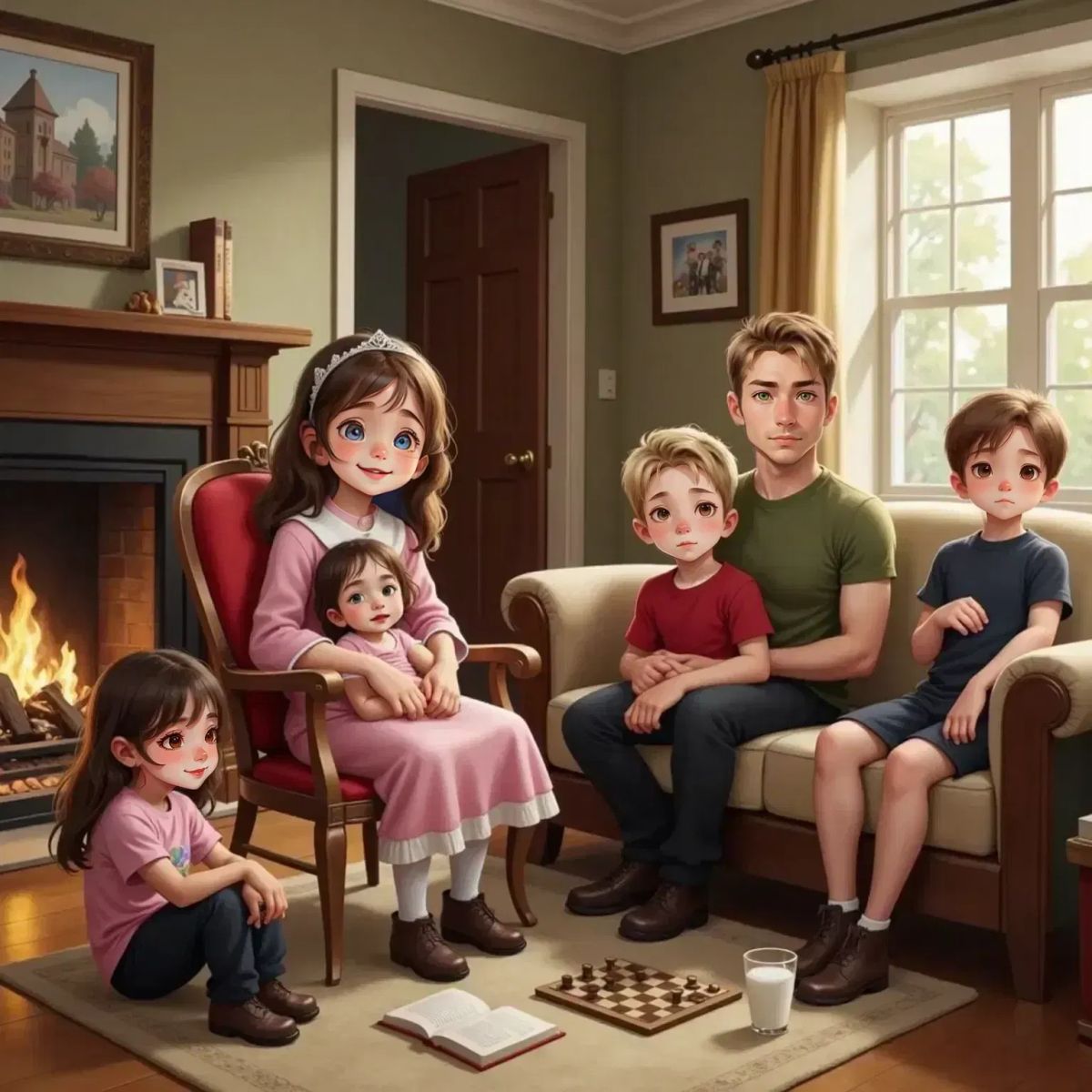Briar Underwood gently rocking Brianna to sleep in a cozy living room. Oakley Woods and Peter Kit quietly play nearby, while Eva Royall and Charles Royall cuddle together on the sofa, all looking content and safe.