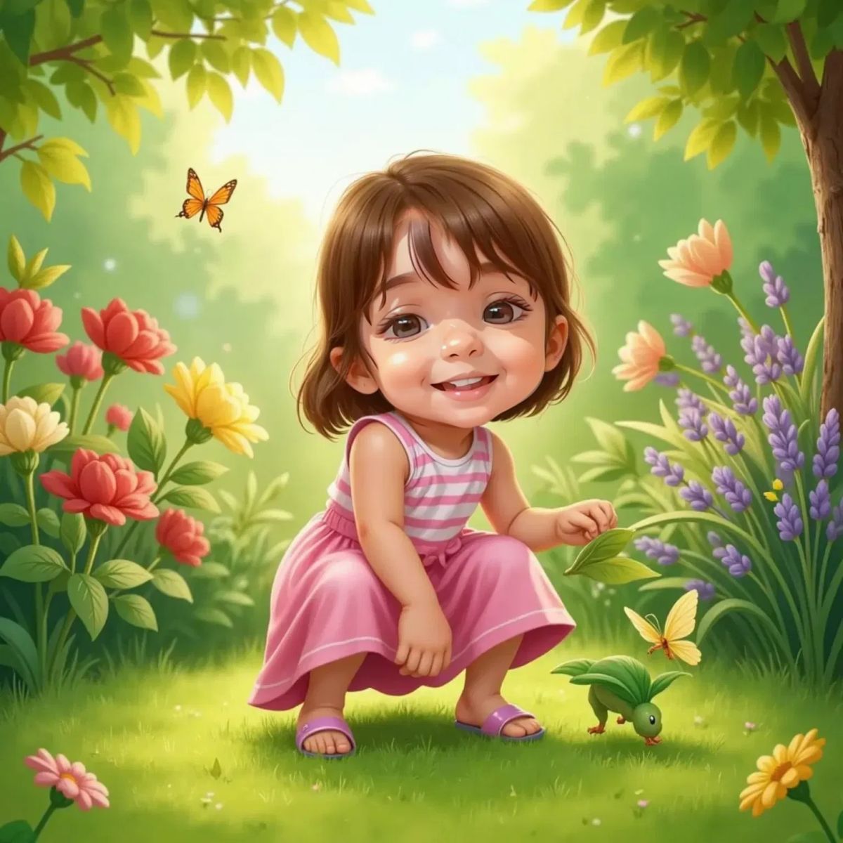 Hadassa crouching in a sunny garden, her blonde hair shining, pointing with a chubby hand at a small green caterpillar eating a leaf. Lush plants in the background.