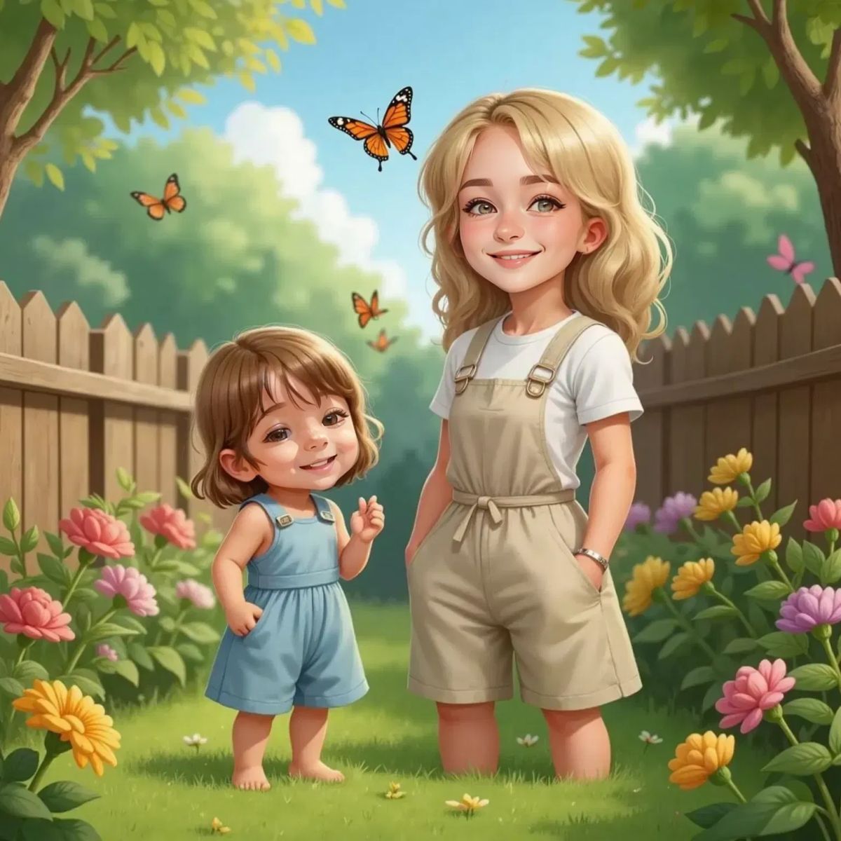 Hadassa smiling and waving up at a butterfly flying into a sky filled with many butterflies. Mama standing nearby, smiling proudly. The garden in the background.