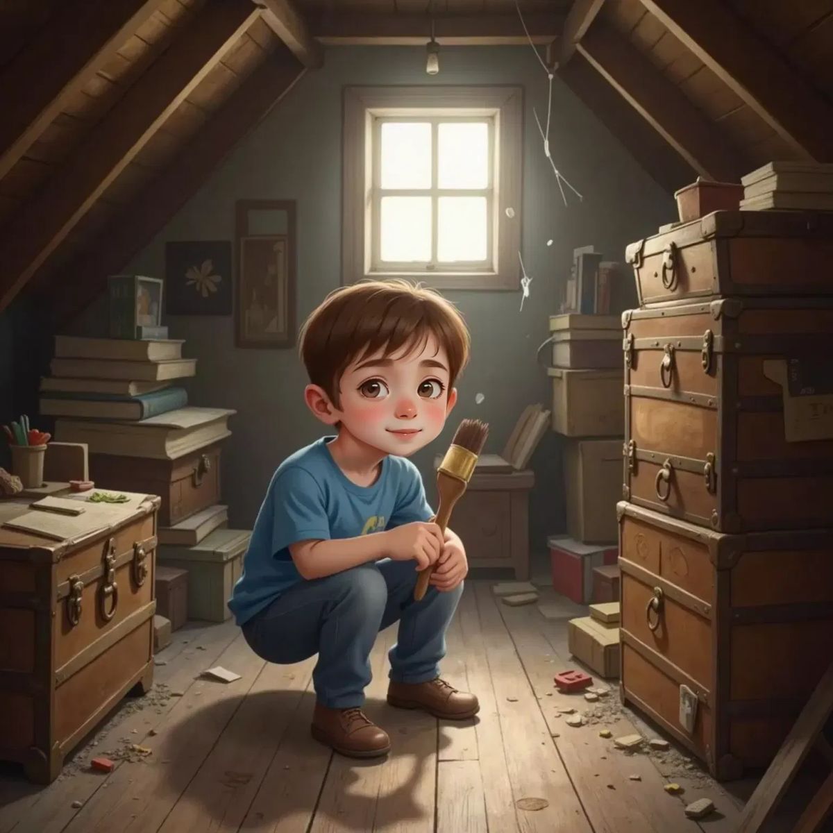 Finn, a smiling 8-year-old boy with tousled hair, kneeling in a dusty attic filled with old trunks and cobwebs, holding an old wooden paintbrush with a brass ferrule. Sunlight streams through a small attic window.