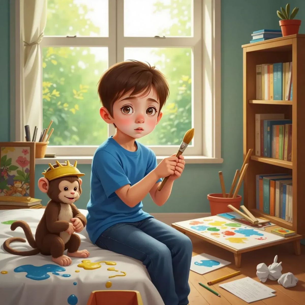 Finn sitting at a desk in his bedroom, wide-eyed with surprise, holding the old wooden paintbrush. A cartoonish monkey with a banana crown sits next to him on the bed, grinning. Paints and paper are scattered around.