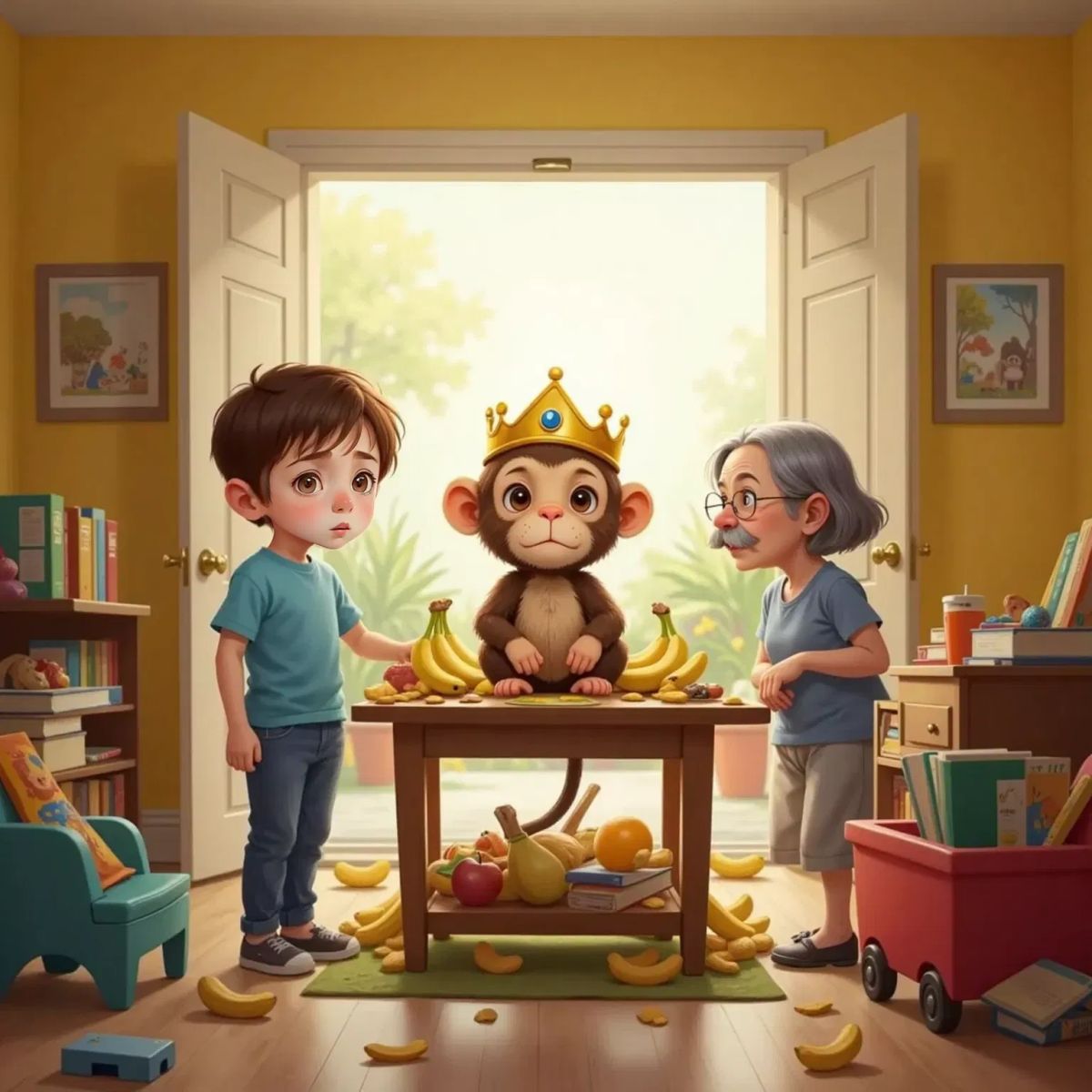 A cartoonish monkey with a banana crown perched on a messy living room table, surrounded by scattered bananas and fruit. Two surprised neighbors, an elderly woman with gray hair and glasses and a middle-aged man with a mustache, peek in through an open door. Finn stands in the background with a worried expression.