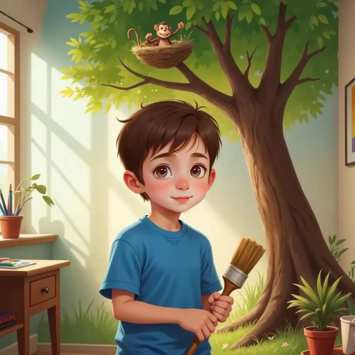 Finn, looking thoughtful and content, stands in his room holding the old wooden paintbrush. A large, leafy tree with a cozy nest is painted on the wall, with the cartoonish monkey waving from a branch. Sunlight fills the room, creating a warm atmosphere.