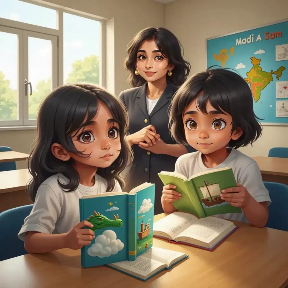Riya, eyes wide with wonder, reading a book at her desk, imagining a green dragon flying above her. Sami, sitting nearby, reading a book with a pirate ship illustration on the cover. Mary stands in the background, smiling proudly.