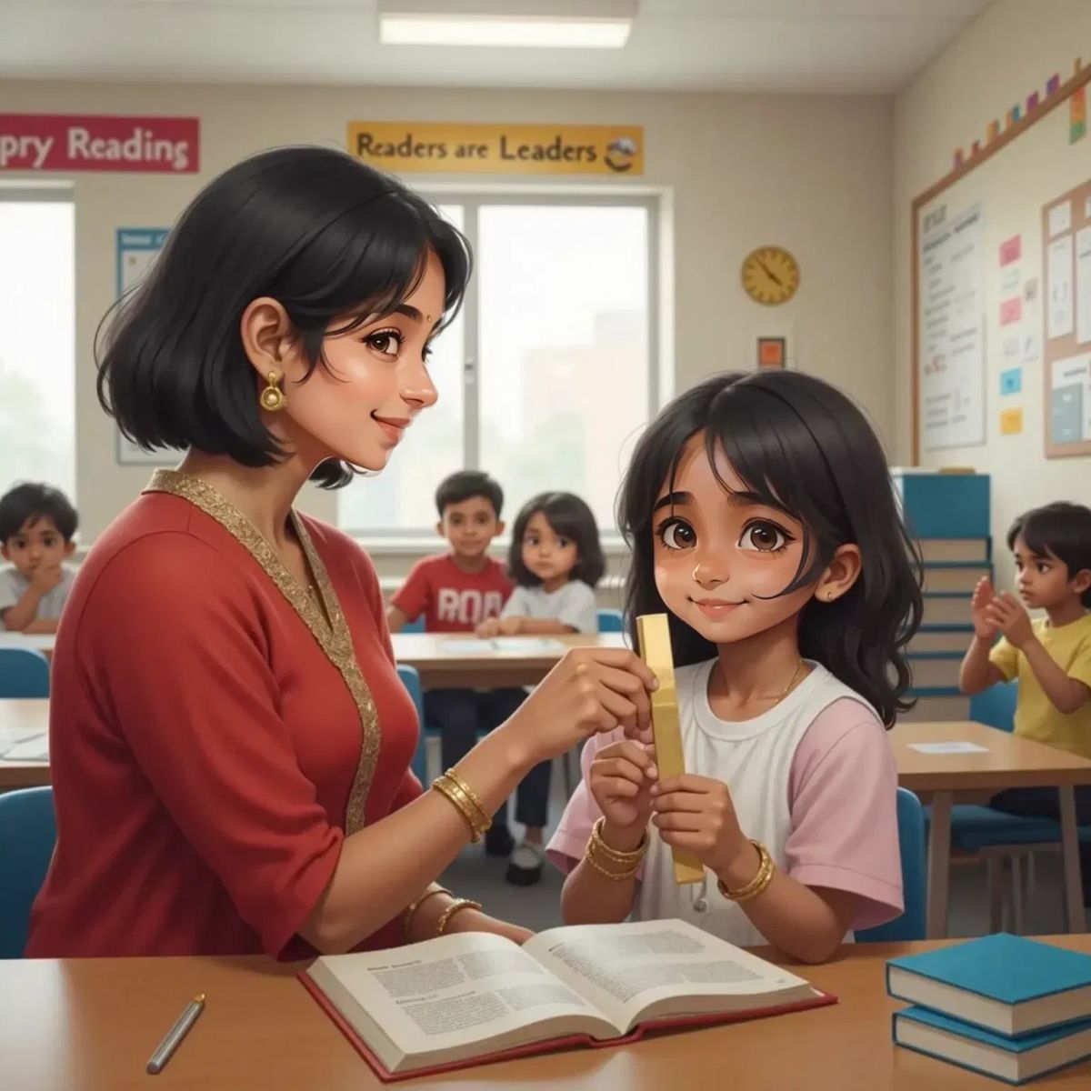 Mary, joyful, awarding Riya a shiny golden bookmark in front of the class. Riya, smiling proudly, holds the bookmark. Other children clap in the background, colorful books and reading logs on desks.
