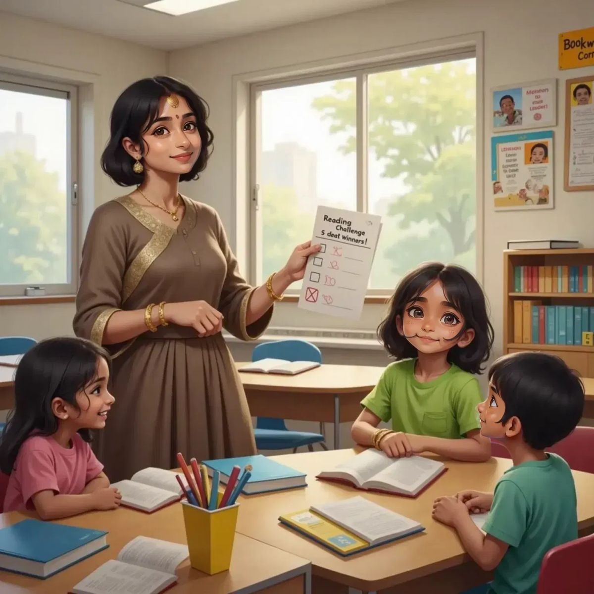 Sami, smiling and holding a book, looking at Riya, who is grinning and showing her colorful reading log with four books checked off. Mary stands beside them, beaming with pride. Books and reading logs scattered on desks.