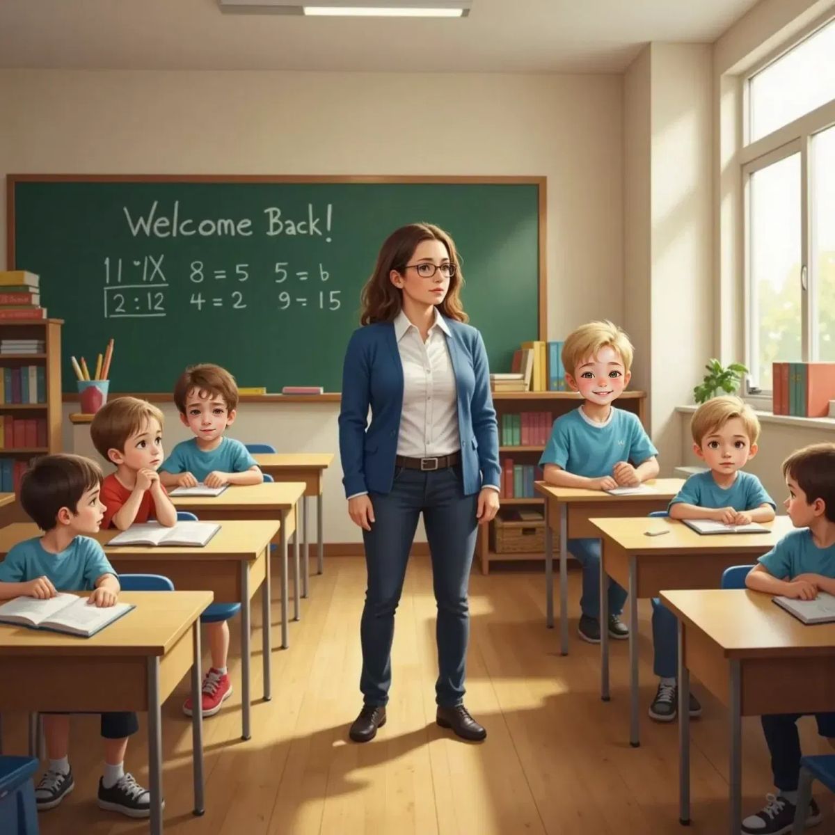 A puzzled teacher, a woman in a blue cardigan and glasses, standing at the front of a classroom. Ori, frowning, stands up at his desk, while Sam sits nearby with a small, grateful smile. Students' desks and a chalkboard in the background.