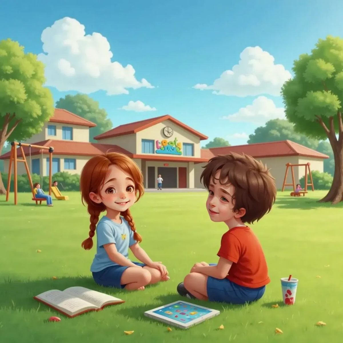 Ori sitting on grass at recess, sighing and watching clouds in the sky. An open notebook with drawings and an iPad beside him. Mia, with a gentle expression, sits nearby, speaking to Ori.