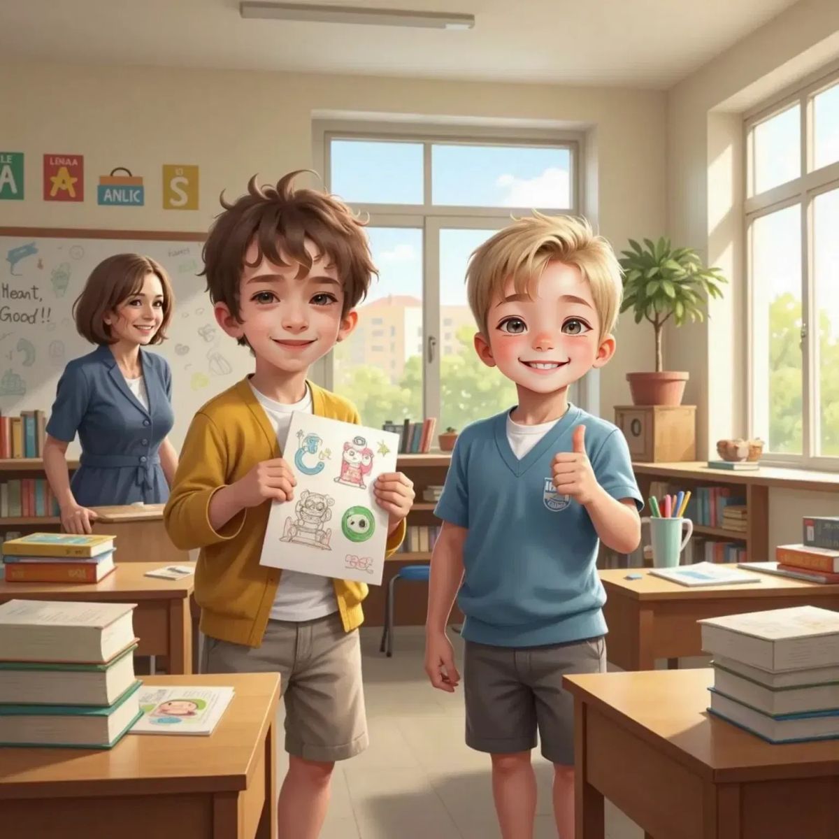 Ori and Sam standing together in a bright classroom. Ori smiles with pride, while Sam gives him an appreciative smile. A teacher in a blue cardigan is in the background, and desks are neatly arranged.