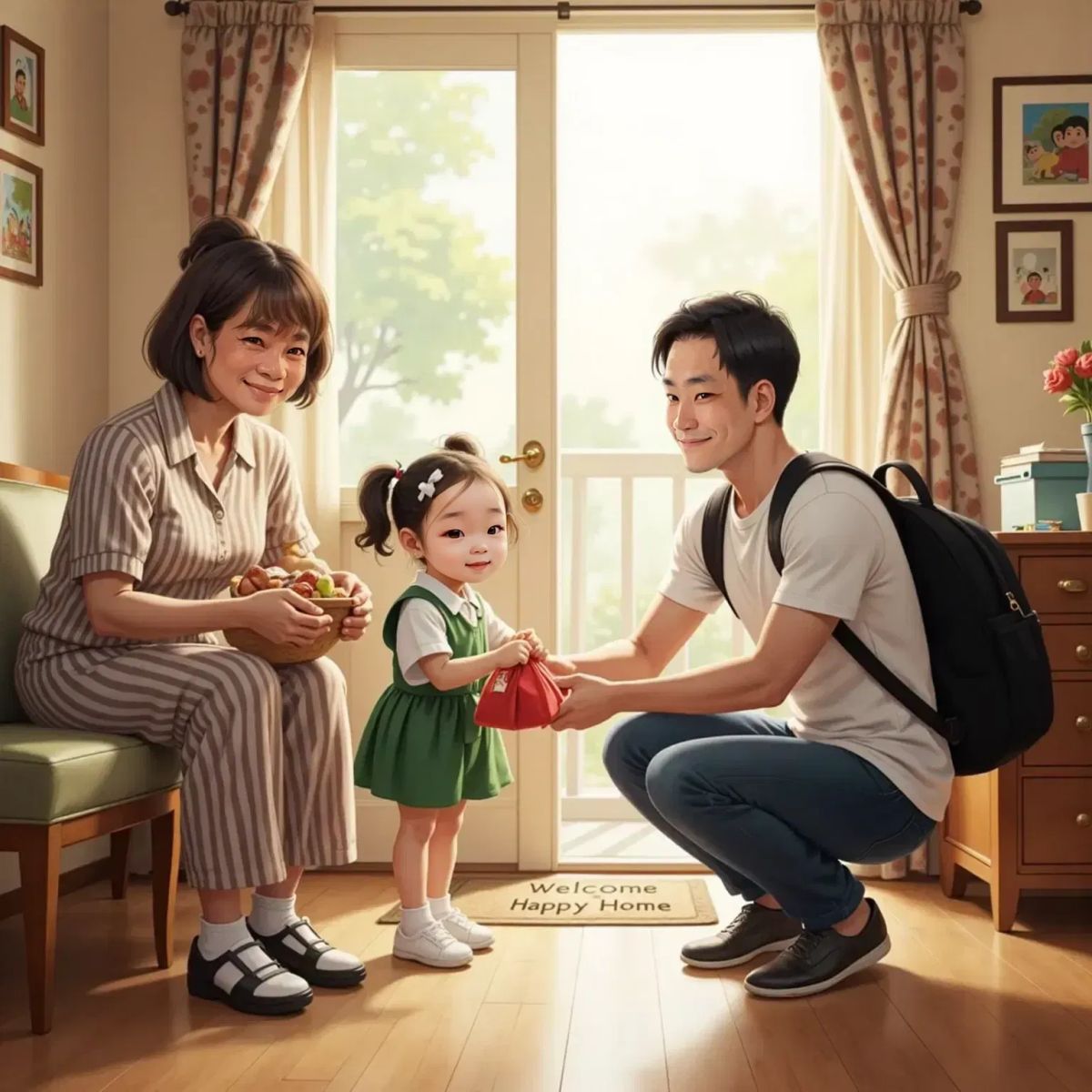 Wilma packing a small red bag with snacks and a blanket, Papa tying Nora's shoe. Nora hugging a small brown teddy bear tightly, smiling with excitement.