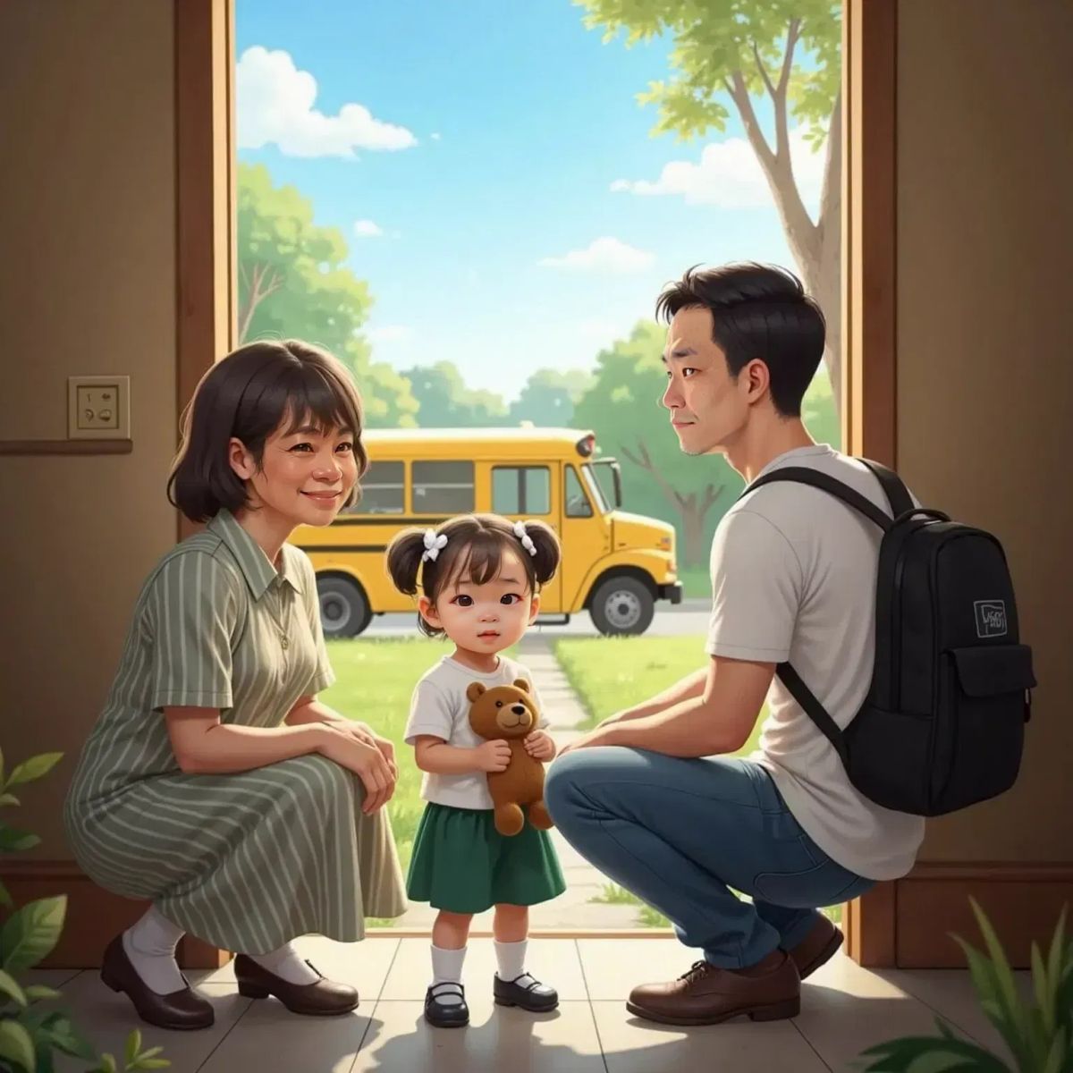 Nora standing by the front door with shoes on, holding her teddy bear. Wilma kneeling beside her, whispering encouragement. Papa looking out the window at a yellow school bus under a blue sky.