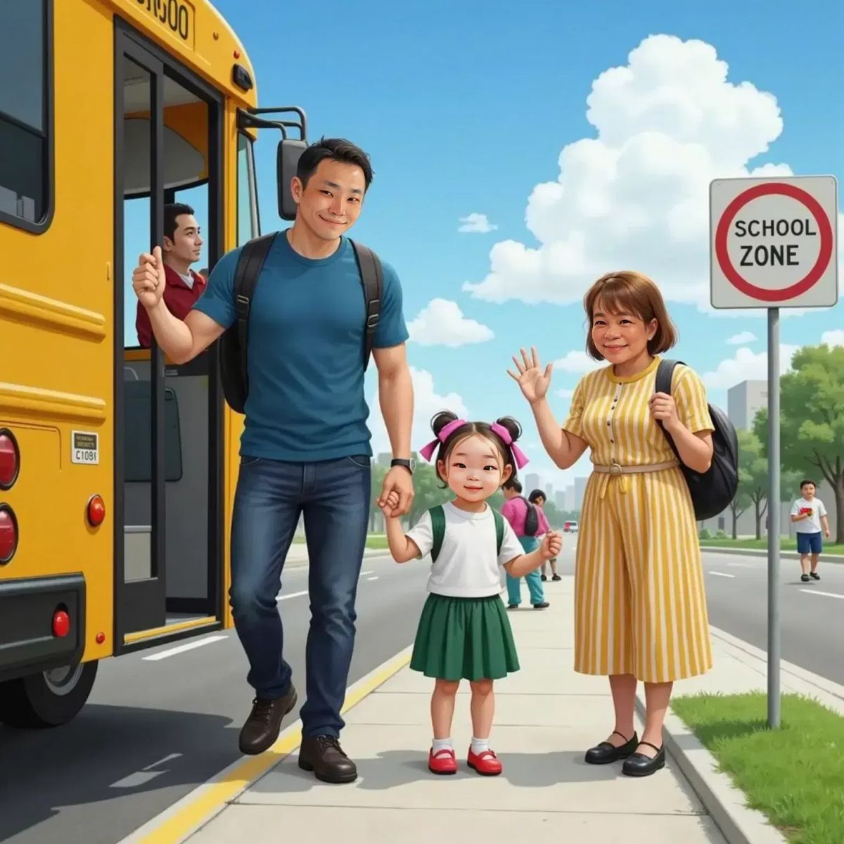 Nora stepping onto a yellow school bus, holding Papa's hand. Wilma waving energetically from the sidewalk, smiling warmly.