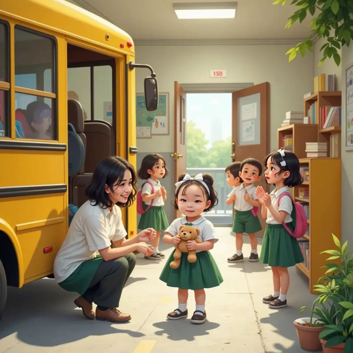 Nora stepping off the bus, clutching her teddy bear. A smiling female teacher with curly hair and glasses greeting her at the school entrance. Children waving in the hallway, classroom visible in the background.
