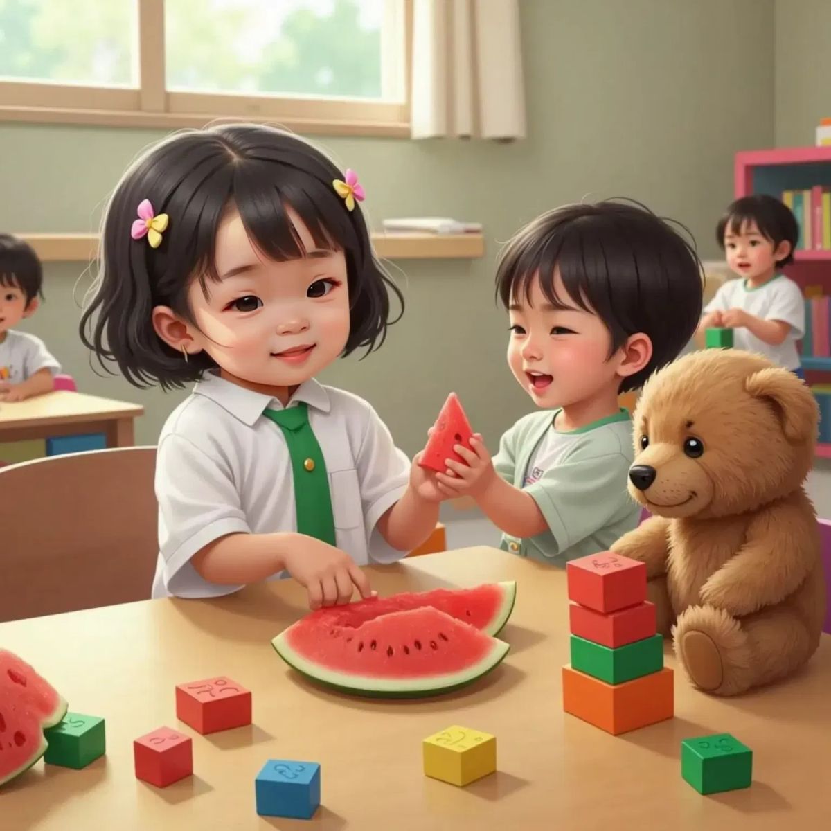 Nora sharing fruit slices with a friend at a small table. Her teddy bear sitting beside her. Blocks and a tall tower nearby, other children playing in the background.
