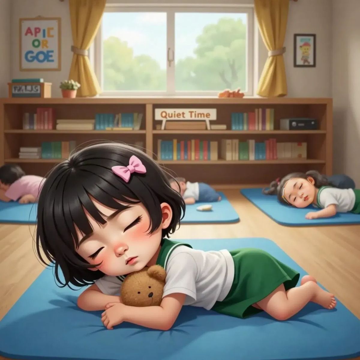 Nora lying on a nap mat with her teddy bear, eyes closed and peaceful. Other children resting on mats in a softly lit classroom.