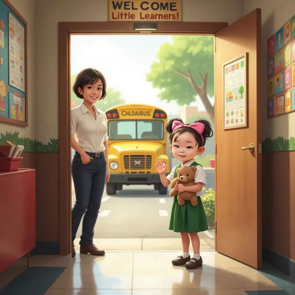 Nora standing in line with her teddy bear, waving goodbye to a smiling teacher at the classroom door. Sunlight shining through the window onto the bus outside.