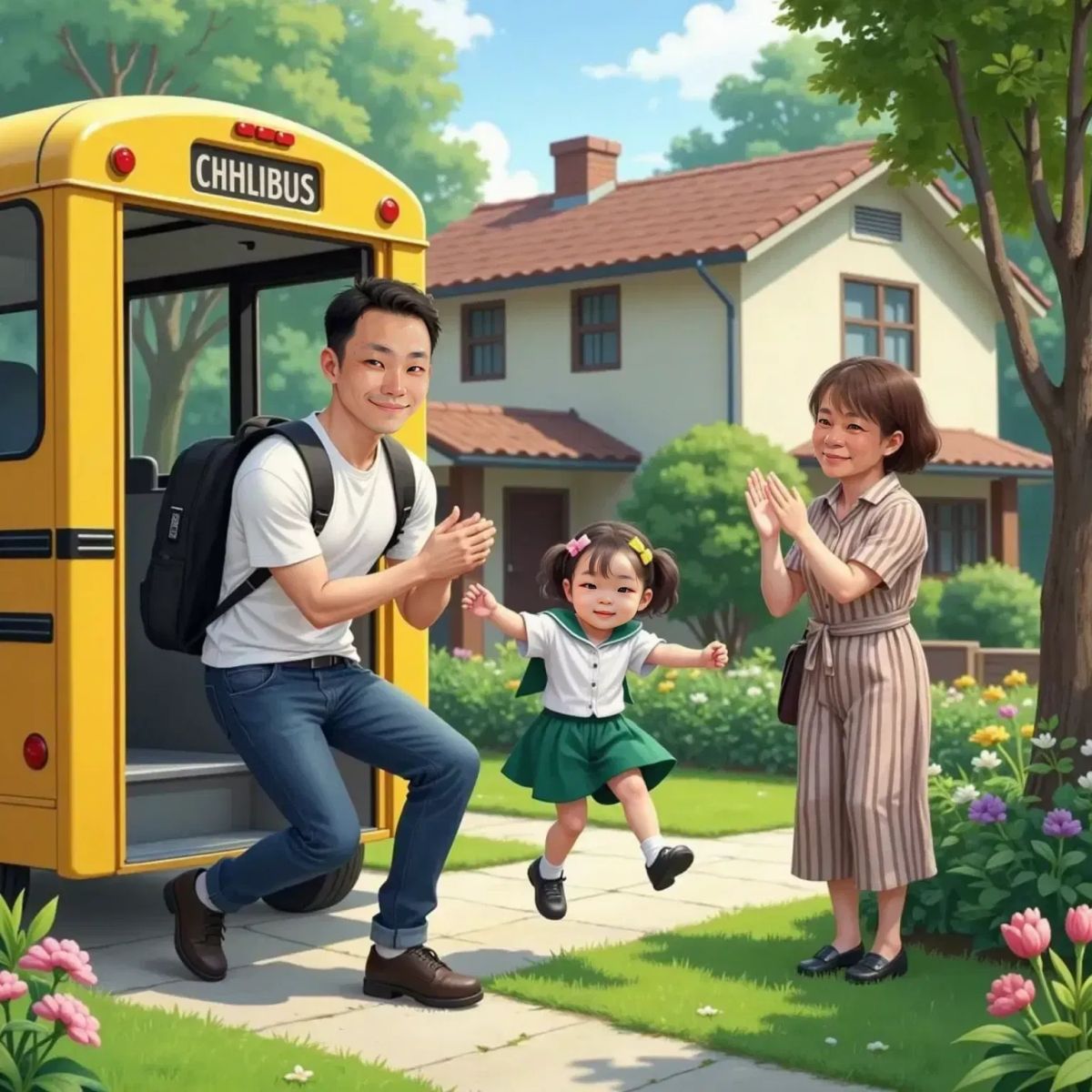 Nora jumping off the school bus at her house gate, smiling widely. Papa kneeling with open arms, Wilma cheering beside him. The house and garden in the background.