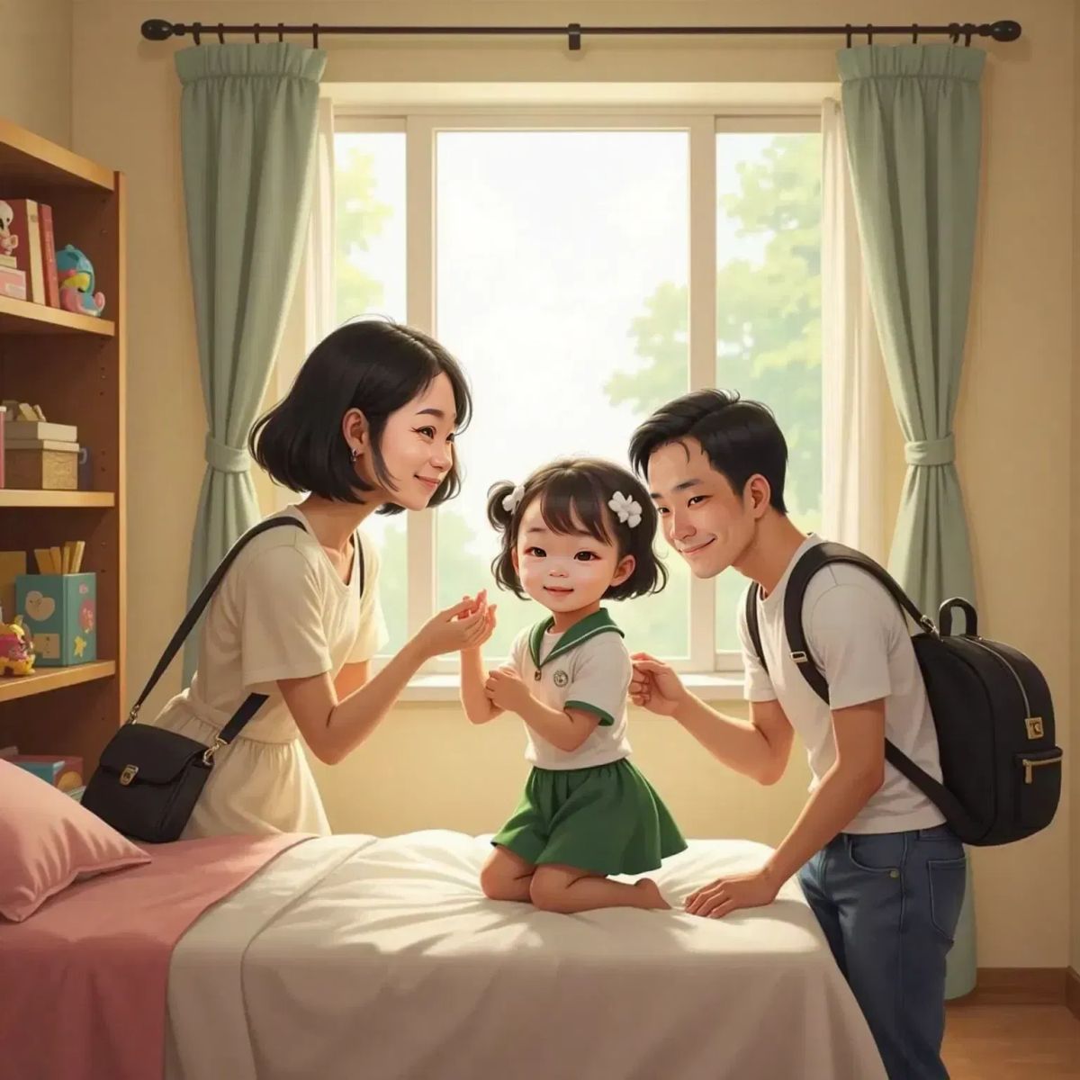 Nora stretching and smiling in bed as sunlight streams through the window. Mama, a 36yo woman with shoulder-length brown hair, leans over the bed, smiling warmly. Papa, a 36yo man with short dark hair, gently strokes Nora's head. Cozy bedroom with soft toys on the shelf.
