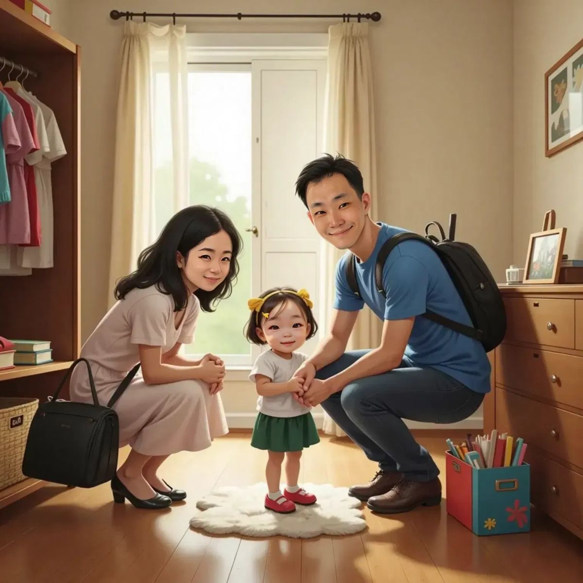 Mama kneeling to help Nora into her tiny shoes, smiling encouragingly. Nora, wearing a neat uniform and grinning, stands proudly. Papa, buttoning his shirt, watches with a proud expression. Bedroom with a small wardrobe and school bag on the floor.