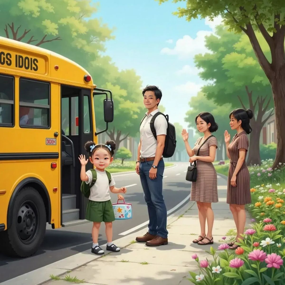 Papa waving from the sidewalk as a yellow school bus stops outside. Nora, holding a lunchbox decorated with stars, waves back from the bus steps. Mama stands beside Papa, smiling. Wilma stands next to them, waving gently. Suburban street with flowers by the path.