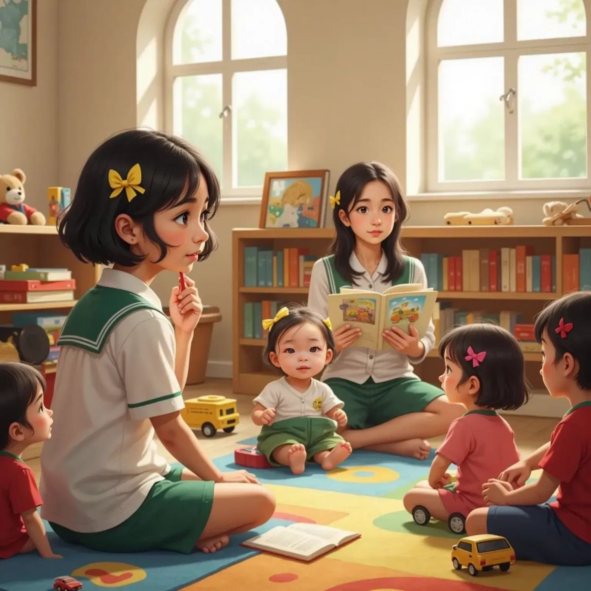 Children sitting in a wide circle on a colorful classroom rug. Nora sits among them, looking curious and attentive. The teacher sits nearby, holding a book. Toys and musical instruments in the background.