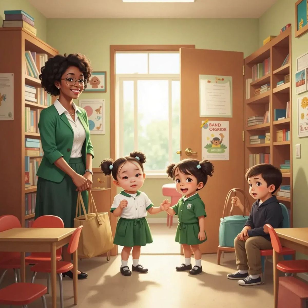 A smiling teacher, a Black woman with curly hair and glasses, greets the children at the classroom door. Nora, holding her bag tightly, stands near the cubbies with a shy smile. Other children wave nearby. Bright classroom with colorful decorations.
