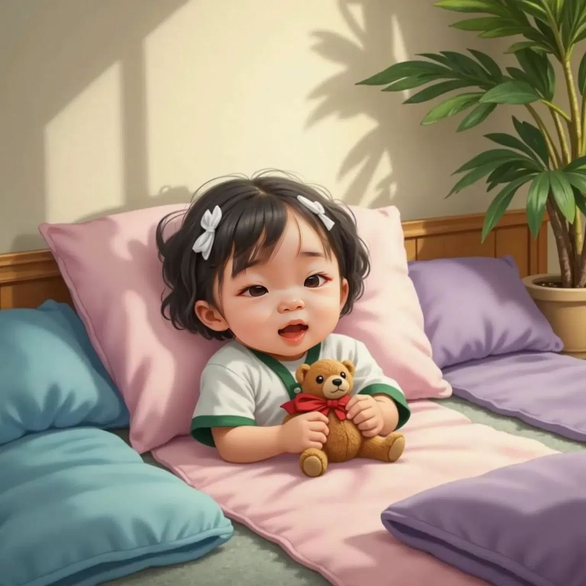 Nora yawning and cuddling a small brown teddy bear with a red bow, lying on a soft mat. The teacher dims the lights in the background. Cozy nap area with soft blankets and mats.