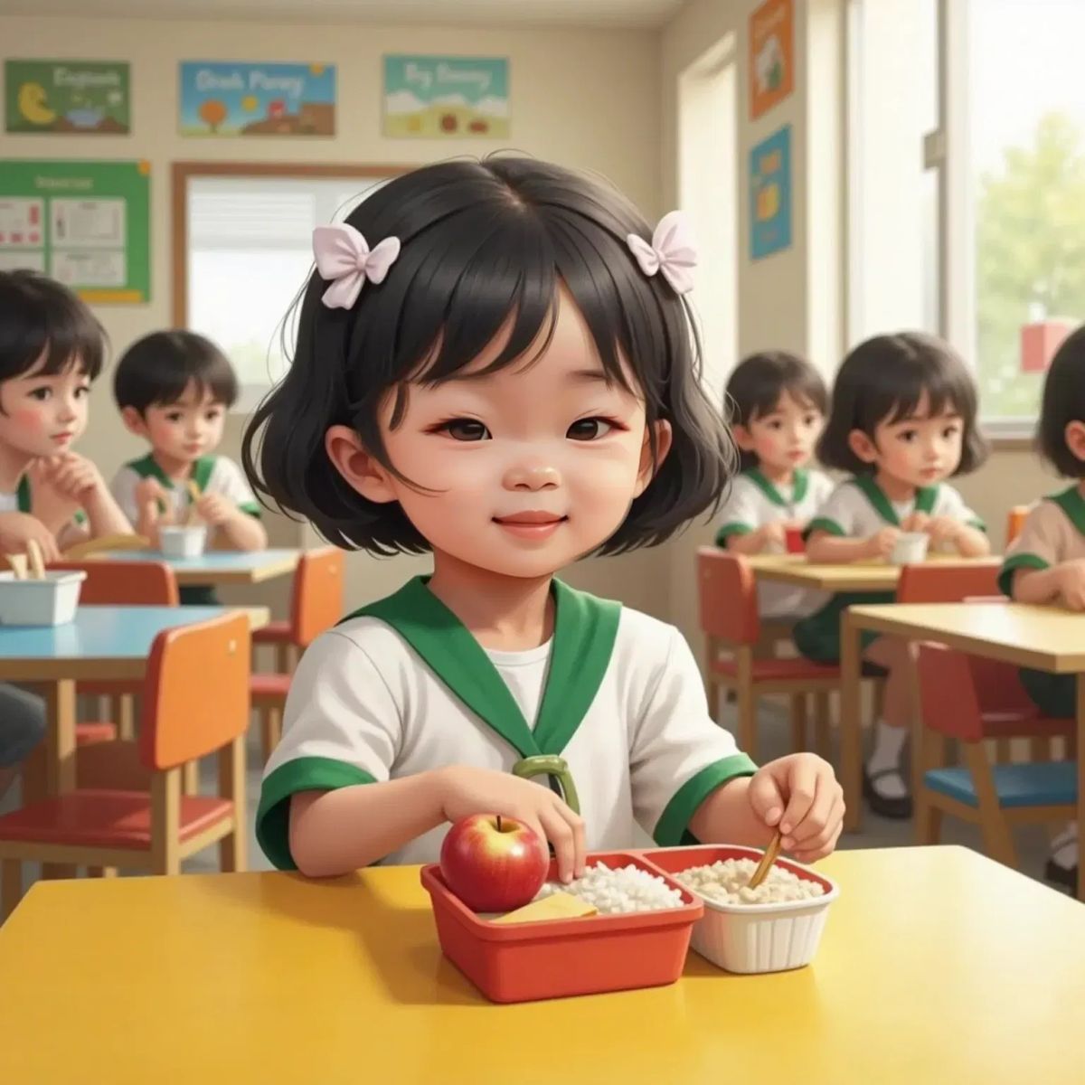 Nora sitting at a small table near a wall, opening her lunchbox with apple, cheese, and rice inside. Other children eat nearby. Bright cafeteria with child-sized tables and chairs.