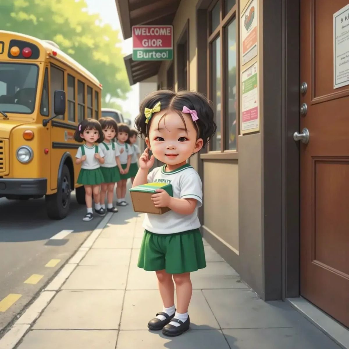 Nora wiping her sleeve as she stands in line with other children near the school door. A yellow school bus waits outside. Nora holds her lunchbox and smiles, ready to leave.
