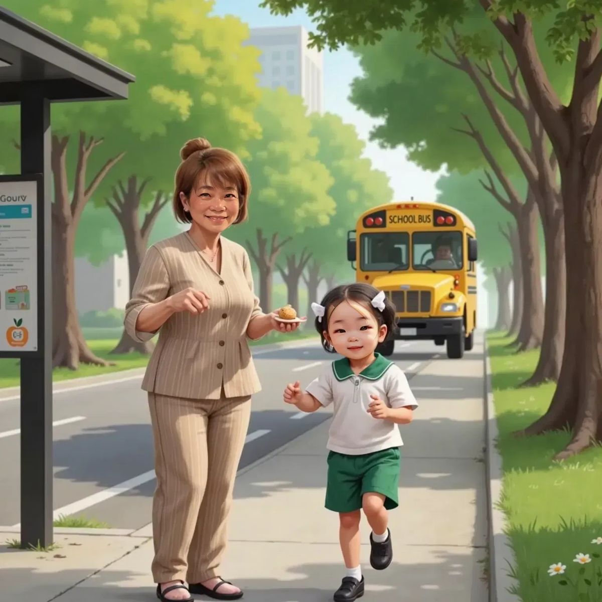 Wilma stands at the bus stop with arms open wide, smiling warmly. Nora runs into her arms, grinning happily. Wilma holds a sweet apple pie in her other hand. Suburban sidewalk with trees and the yellow school bus in the background.