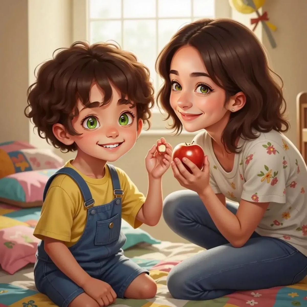 Chelsea holding a red apple with a missing tooth, excitedly showing Mom a small white tooth, with a colorful pillow featuring a tiny pocket on her bed in the background.