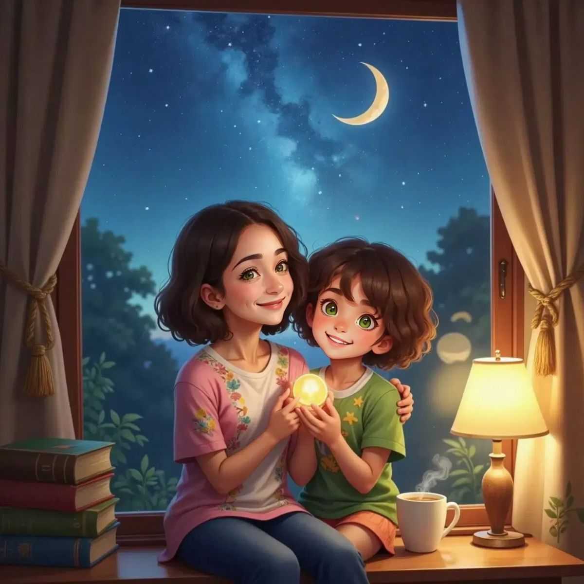Chelsea holding a shiny coin, hugging Mom with a joyful smile, both sitting by a window looking up at a twinkling night sky, stars shining brightly above.