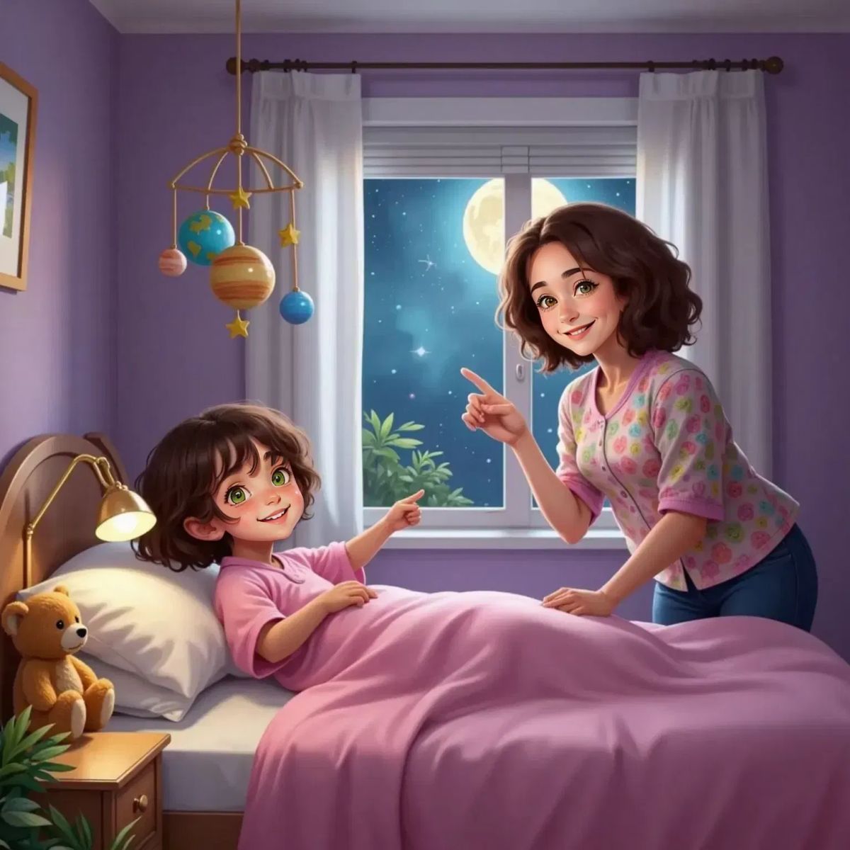Chelsea tucked in bed, gazing up at Mom who is pointing to a starry night sky outside the window, both with dreamy smiles, soft moonlight illuminating the room.