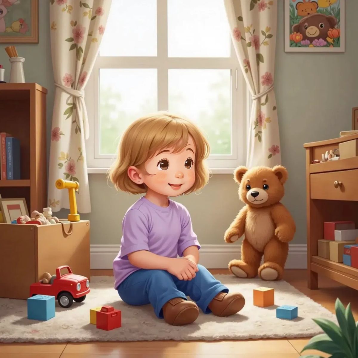 Nora, a 2-year-old girl with a happy expression, sits on the floor of her cozy room surrounded by colorful blocks, a small red car, and a toy hammer. Beer, a light brown, friendly teddybear, stands at the door, smiling warmly.