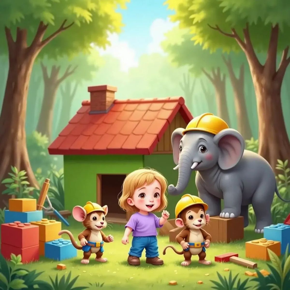 Nora, cheerful, stands with Muis, a small friendly mouse wearing a builder's hat, Aap, a smiling monkey with a tool belt, and Olifant, a big friendly elephant with a construction helmet. They are surrounded by colorful blocks and tools, building a small, bright house in a sunny clearing.