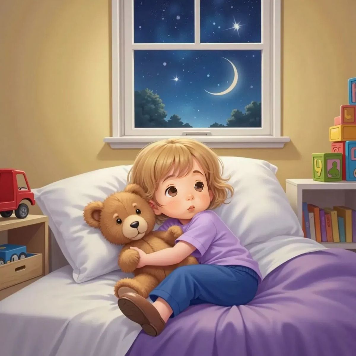 Nora, content, snuggles in bed at night holding Beer, the light brown teddybear. The window shows a starry sky. The colorful blocks and red car are neatly arranged nearby.