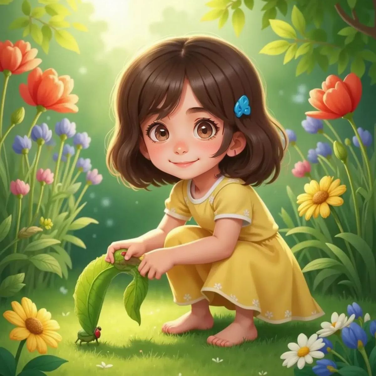 Ellie watching a small green caterpillar on a bright green leaf, her face curious and smiling. Sunlight filters through leafy branches in the background.