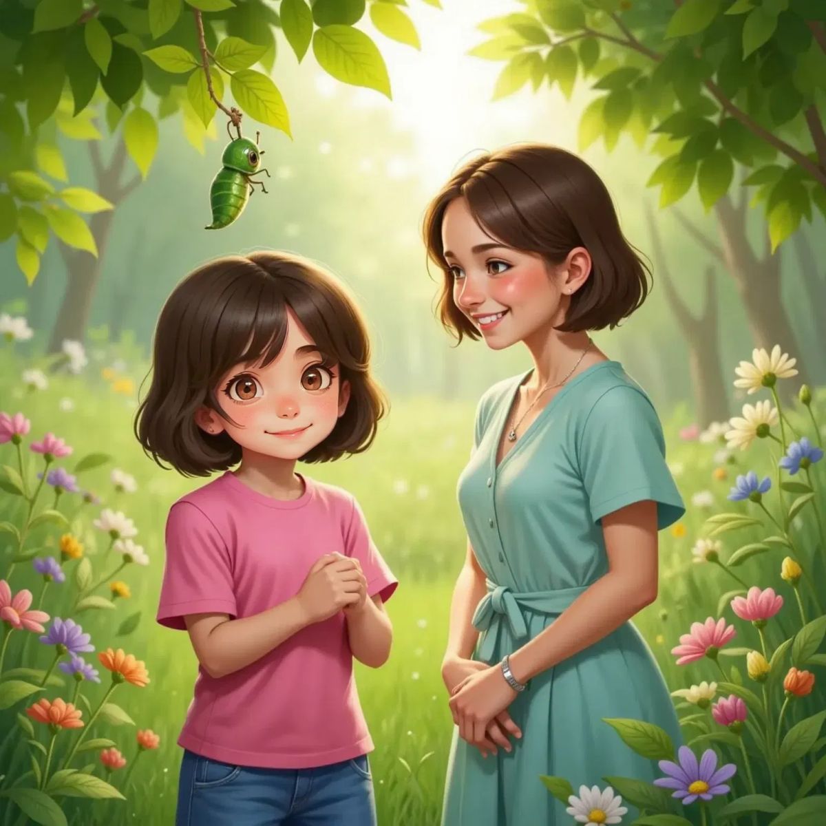 Ellie gazing at a shiny green chrysalis hanging from a leaf, her expression patient and hopeful. A gentle breeze moves the leaves, with Ellie's mother, a smiling woman with short brown hair, standing nearby.
