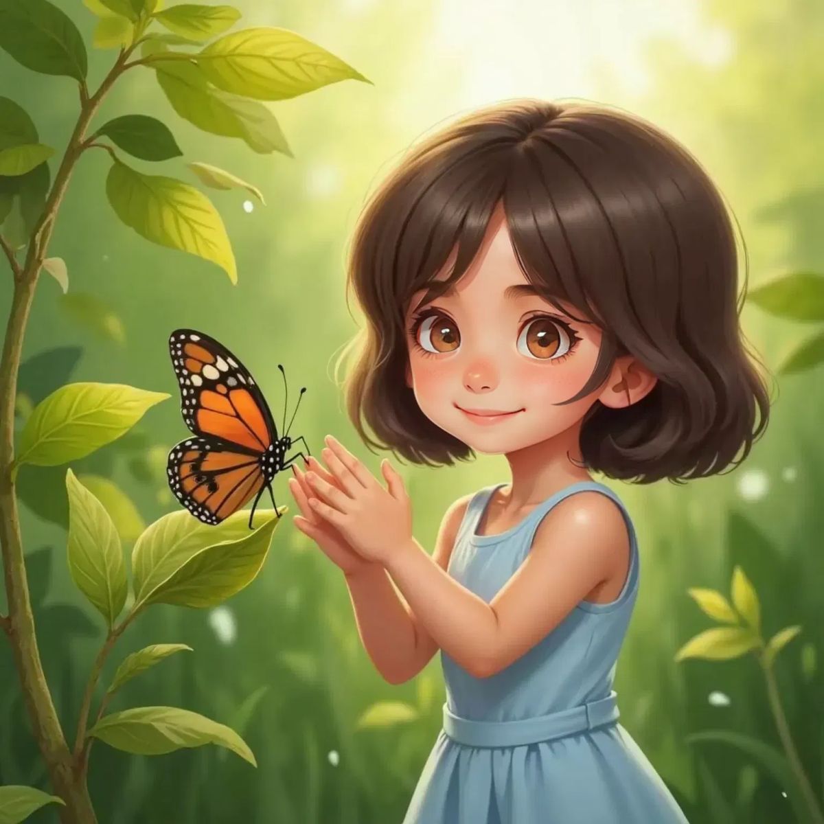 Ellie clapping her hands gently, eyes wide with wonder, as a butterfly with bright orange and black wings emerges from a cracked green chrysalis on a leaf. Morning sun shines warmly in the background.
