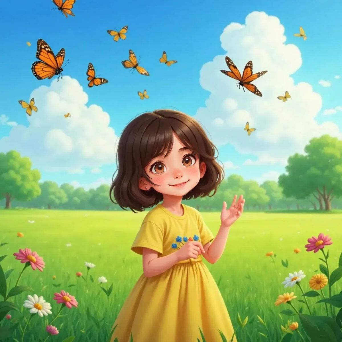 Ellie waving happily as a group of orange and black butterflies soar into a blue sky above green fields. Her expression is joyful and hopeful.